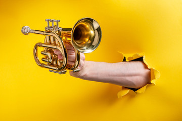 Hand showing a pocket trumpet through torn yellow paper background