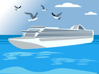 A large liner floats on the sea, a good vacation. In minimalist style. Cartoon flat raster