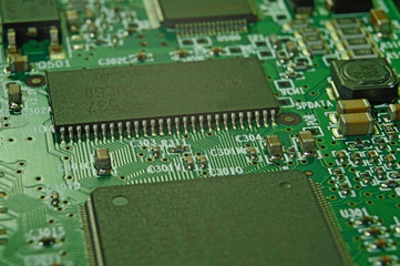 Microchips on a circuit board. Electrical, system.