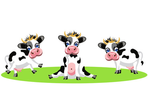 Drawing of three different cows, funny, baby spotted animals. In minimalist style. Cartoon flat raster
