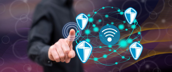 Man touching a wifi security concept