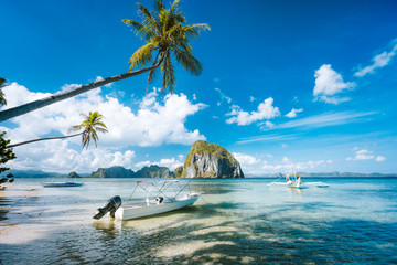 Exotic tropical seascape with palm tree, jetty pier, boats, blue sky and white clouds