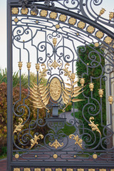 Decorative ornamental city park gates. Close up steel grey lattice with golden details.