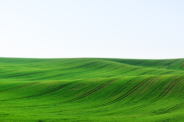 Abstract rural landscape with agricultural fields on spring hills. South Moravia region, Czech Republic