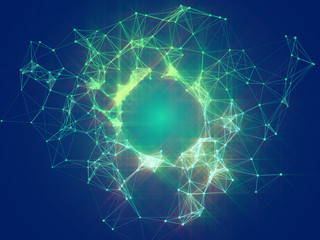 Geometric circle structure with lines and dots on a blue background. Futuristic background for design. Blue and green lines connecting  triangular elements.