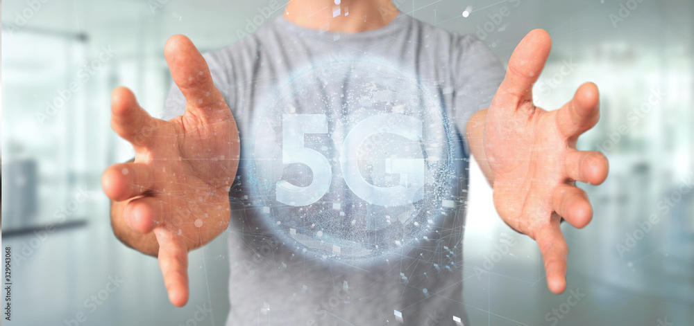 Poster businessman holding a 5g connection with data surrounding - 3d rendering