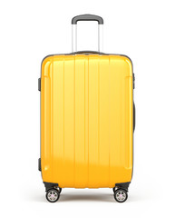 Stylish Orange Suitcase on wheels isolated on white. Travel concept - suitcase 3d icon. 3d rendering