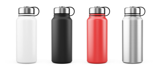White, Black, Red and Silver Empty Glossy Metal Thermos Water Bottle Isolated on White. 3d rendering - obrazy, fototapety, plakaty