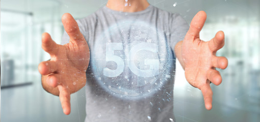 Businessman holding a 5G connection with data surrounding - 3d rendering