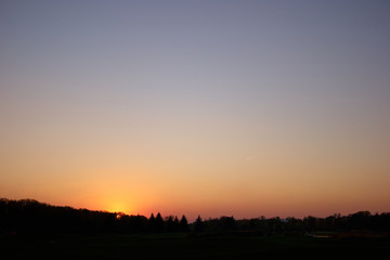 Sundown at horizon. Trees silhouette during evening down.