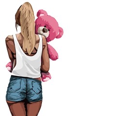 A young, tanned, slender girl in the hands of a pink, Teddy bear. Bright, color illustration on a white background. Stock vector.
