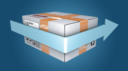 Cardboard parcels or shipping carton with circulating arrow - 3d illustration