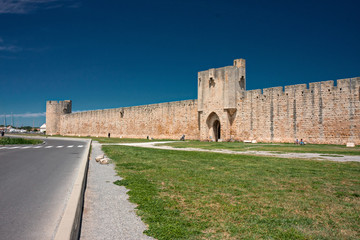 Obraz premium Exterior view from the ramparts of the walls, the fortified city of Aigues Mortes, in the Camargue France.