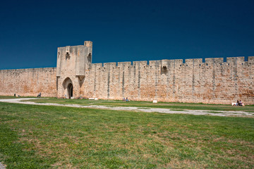 Exterior view from the ramparts of the walls, the fortified city of Aigues Mortes, in the Camargue France.