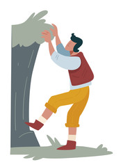 Mountaineering and climbing cliff, man hiking, isolated character