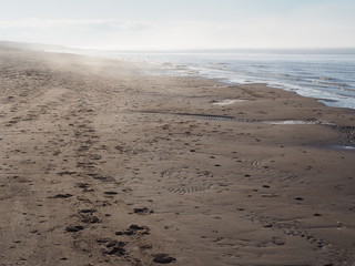 Footprints in the sand of the seashore. Light fog. 