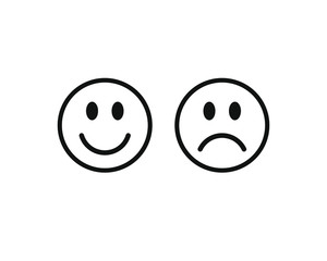 Happy smile and sad unhappy face emoji icon. Positive and negative feeling symbol. Like and dislike sign. Smiley emoticon logo. Vector illustration image. Isolated on white background.