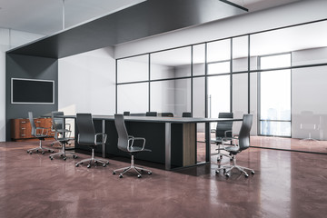 Contemporary meeting room interior with empty tv screen