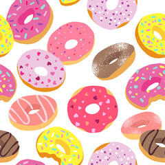 Tasty colorful donuts with glaze and sprinkles. Hand drawn seamless pattern on white background.