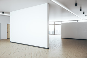 Minimalistic hall interior with blank white wall.