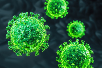 Close-up of green virus cells coronavirus 2019-nCov.