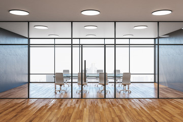 Contemporary meeting room interior with panoramic megapolis city view