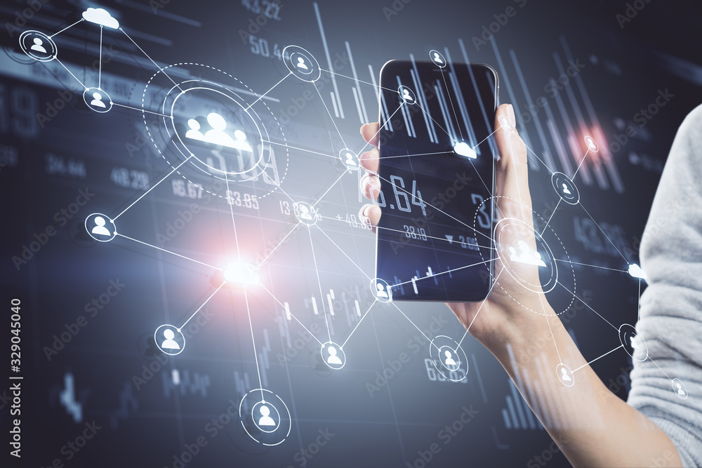 Aufkleber hand using smartphone with global social network interface