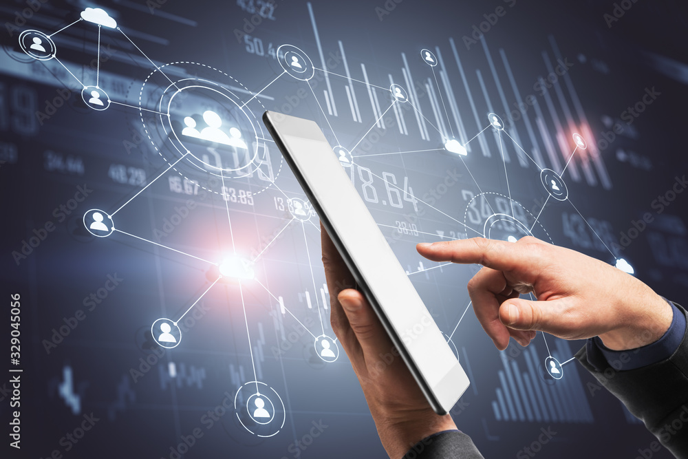 Aufkleber hand using tablet with global social network interface