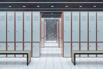 Contemporary locker room interior with bench.