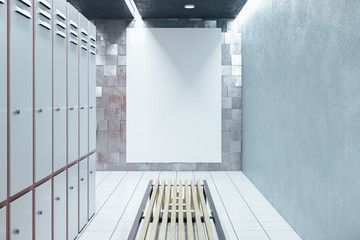 Side view of locker room interior with blank banner on wall.