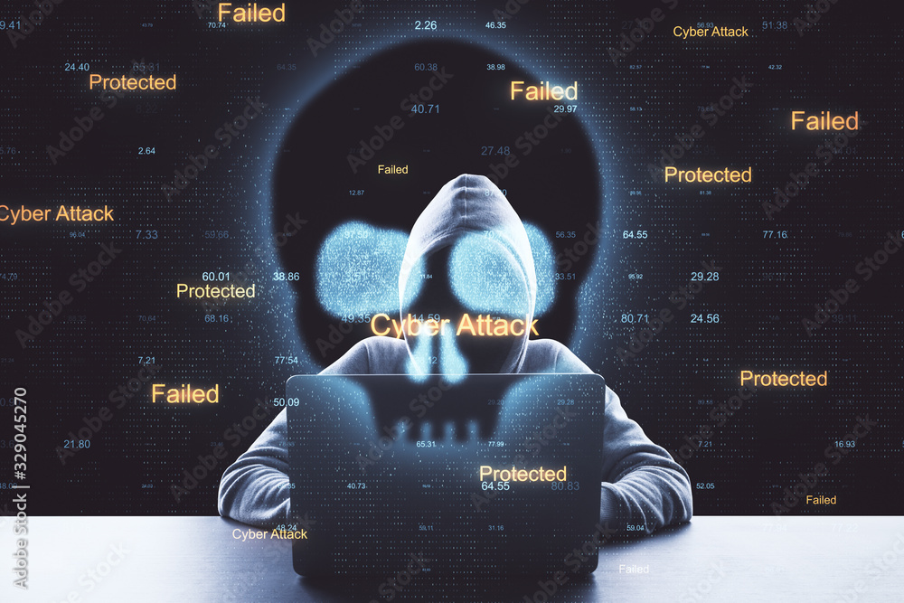 Poster Hacker using laptop with abstract skull shape.