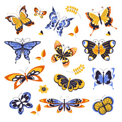 Butterflies isolated icons, animals or insects with ornament on wings