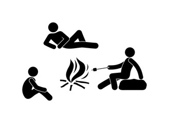 people are sitting by the fire, outdoor recreation illustration, stick figure man pictogram, isolated icons