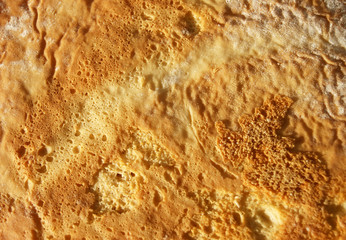 The texture of one round baked layer of honey cake.