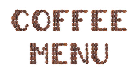 High resolution roasted coffee beans arranged in letters on white background for coffee menus or coffee shop signs