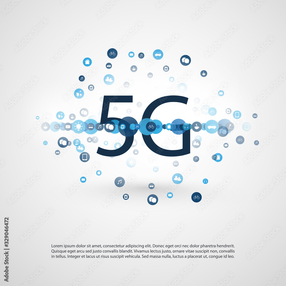 Poster 5g network label with ring of icons representing various kind of devices and services - high speed, 