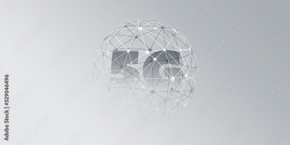 Poster 5g network label with wireframe globe - high speed, broadband mobile telecommunication and wireless 