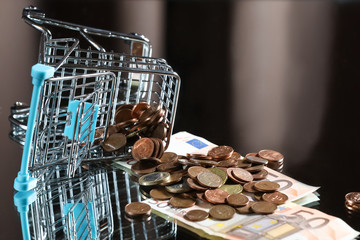 blue shopping cart with money. Reflected table. Dark background. Finance. Financial crisis. Banking...