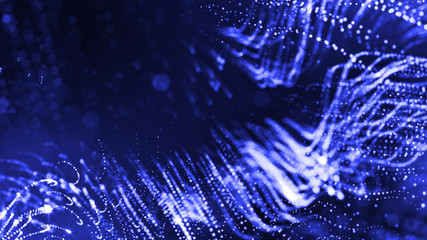 3d render of glow blue particles in air as science fiction of microcosm or macro world. Abstract sci-fi background with depth of field and glowing particles, bokeh effects.