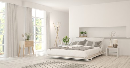 Fototapeta na wymiar Stylish bedroom in white color. Scandinavian interior design. 3D illustration