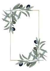 Watercolor hand drawn gold frame with olive branches with green and black fruit on trendy earthy hue isolated on white background. Template with copy space good for summer design.