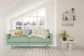 Modern living room in white color with sofa and winter landscape in window. Scandinavian interior design. 3D illustration