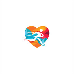 Running Man With Finish Ribbon Heart Shape Logo Design. Marathon logo template. Running club or sports club sign.