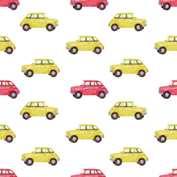 Watercolor hand drawn seamless pattern with retro yellow and red car isolated on white background. Good for fabric, wallpaper, wrapping paper, design etc.