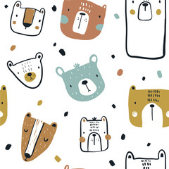 Vector seamless repeating hand-drawn color childish pattern with cute scandinavian style bears on a white background. Seamless kids scandy pattern. Cute animals. Baby pattern with animals.