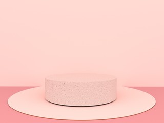 Round marble Pedestal, Podium for display product on the Pink floor and pastel pink wall. Pedestal can be used for commercial advertising, Isolated on pink background, illustration, 3D rendering.