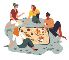 Company of friends on picnic spending weekends together