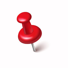 Pin with shadow isolated on white background. Vector red plastic pushpin, 3d board tack, thumbtack or push needle for paper notice..
