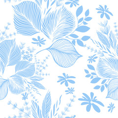 Seamless monochrome blue floral background. Vector illustration
