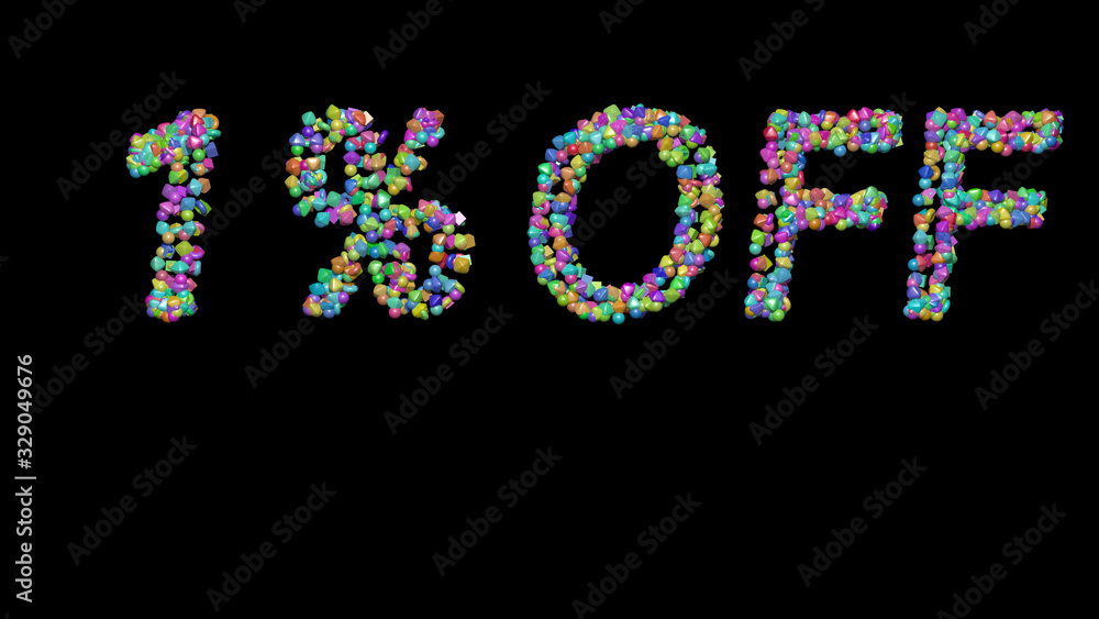 Poster colorful 3d writting of 1% off text with small objects over a dark background and matching shadow